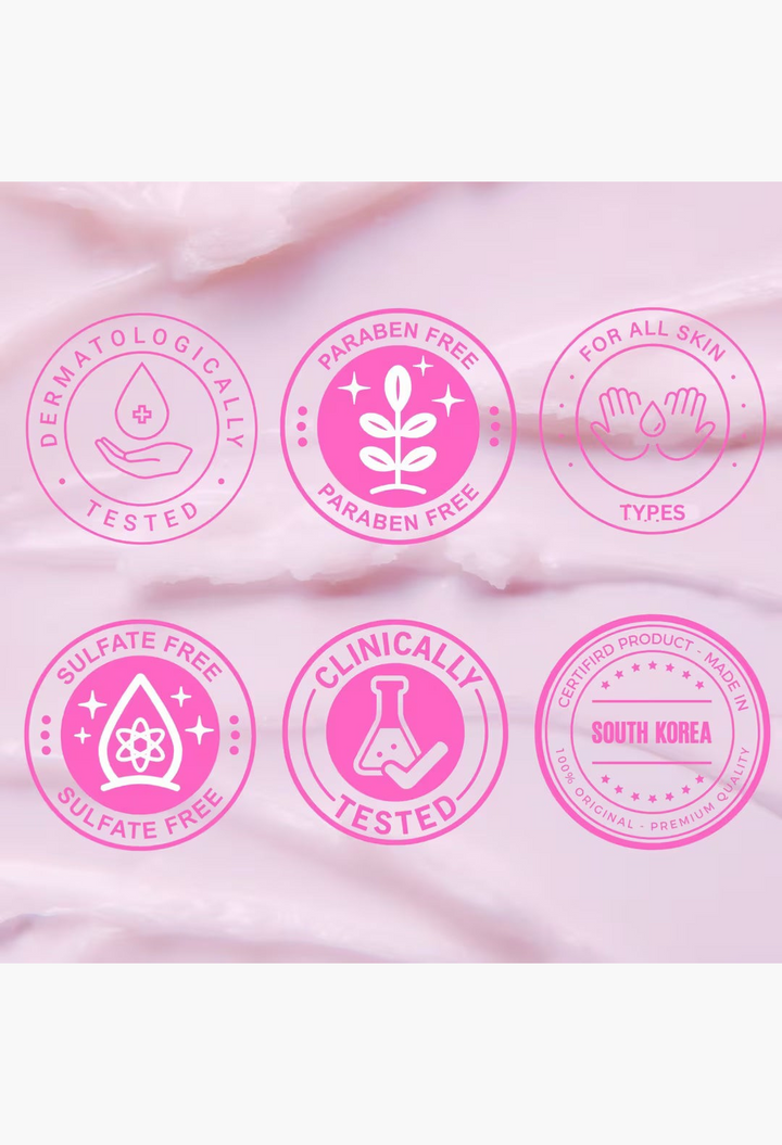 GLAM MODA pink circular icons highlighting Clean It Zero features like dermatologist tested, paraben free, and vegan.