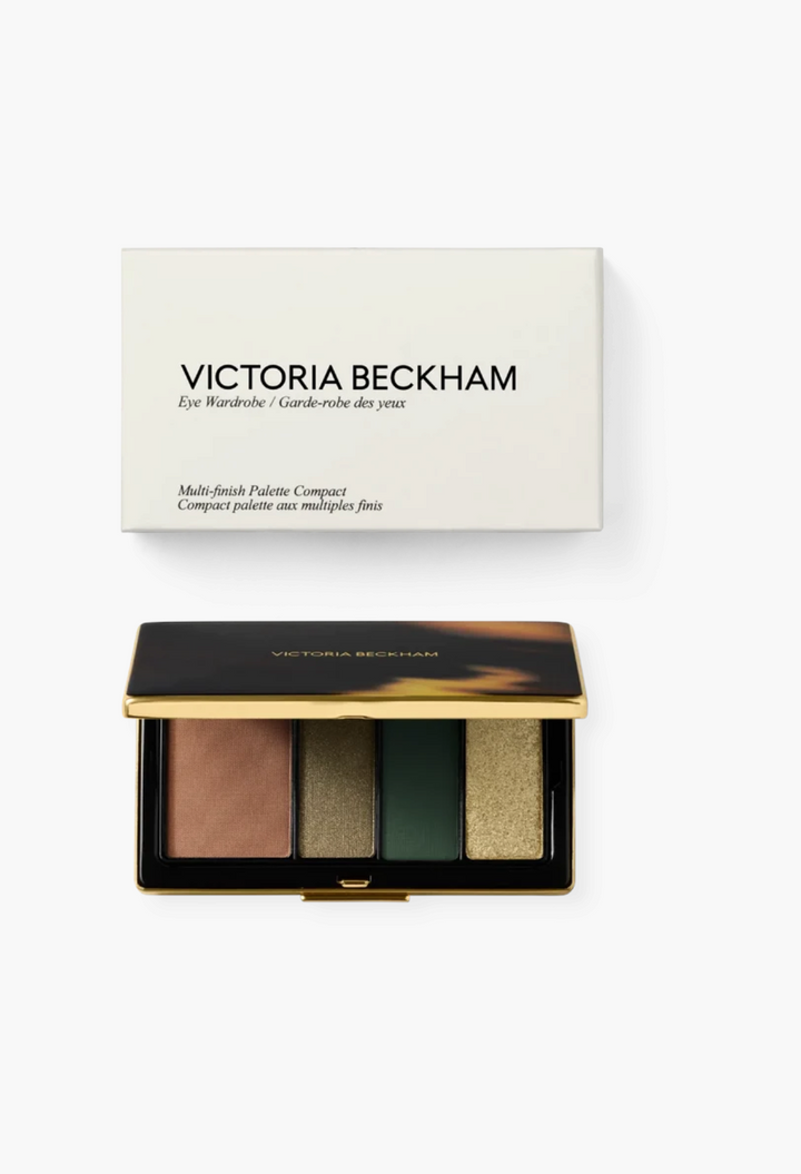 GLAM MODA Eye Wardrobe multi-finish eyeshadow palette in a luxury brass compact with four green and brown shades