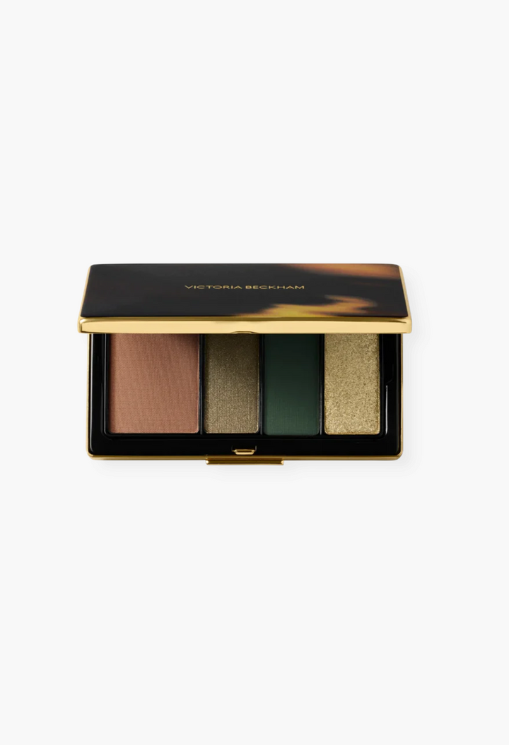 GLAM MODA Eye Wardrobe eyeshadow palette in Olive featuring four green and neutral shades in a luxury brass compact.