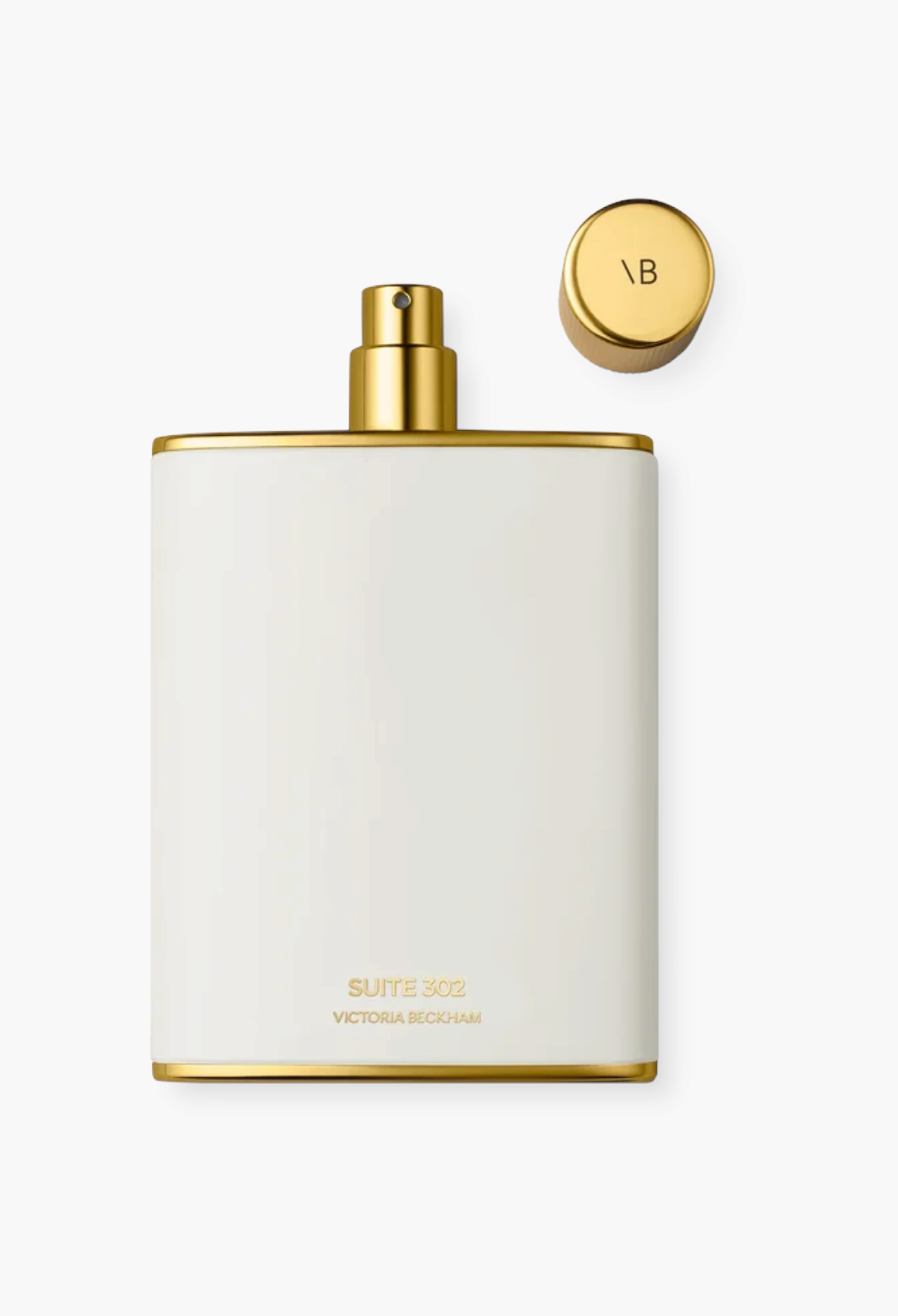 GLAM MODA Suite 302 Eau de Parfum in a white enamel bottle with gold accents and a matching gold cap.