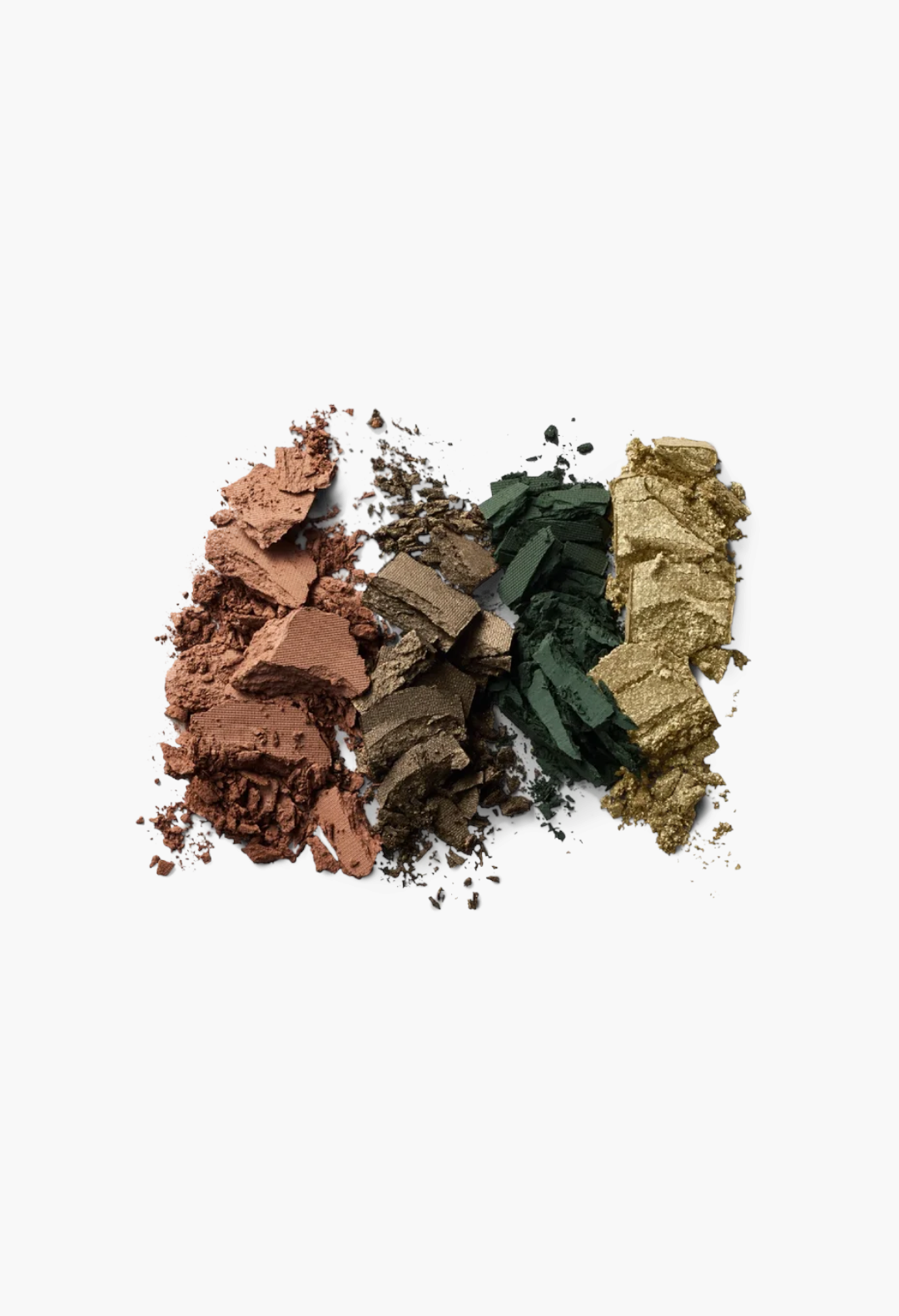 GLAM MODA Eye Wardrobe eyeshadow palette swatches in warm brown, olive green, and metallic gold powder textures.
