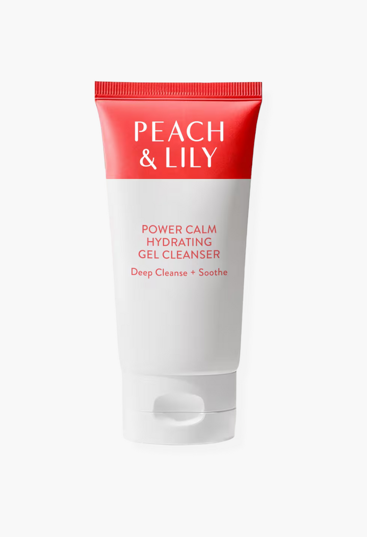 GLAM MODA Peach & Lily Power Calm Hydrating Gel Cleanser in a white and red squeeze tube for gentle face cleansing.