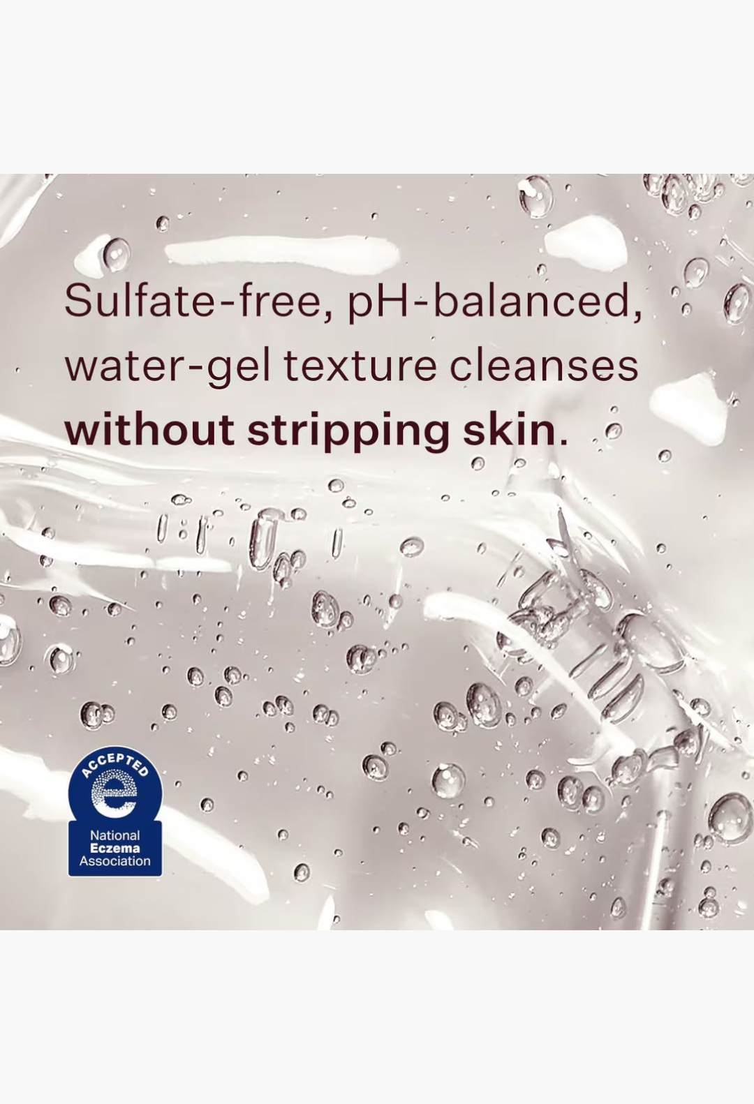 GLAM MODA Power Calm Hydrating Gel Cleanser texture showing clear water-gel consistency with bubbles and NEA seal