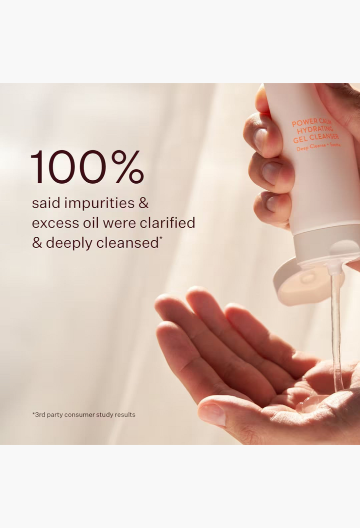 GLAM MODA Power Calm Hydrating Gel Cleanser being dispensed into a hand, showing the clear gel texture.