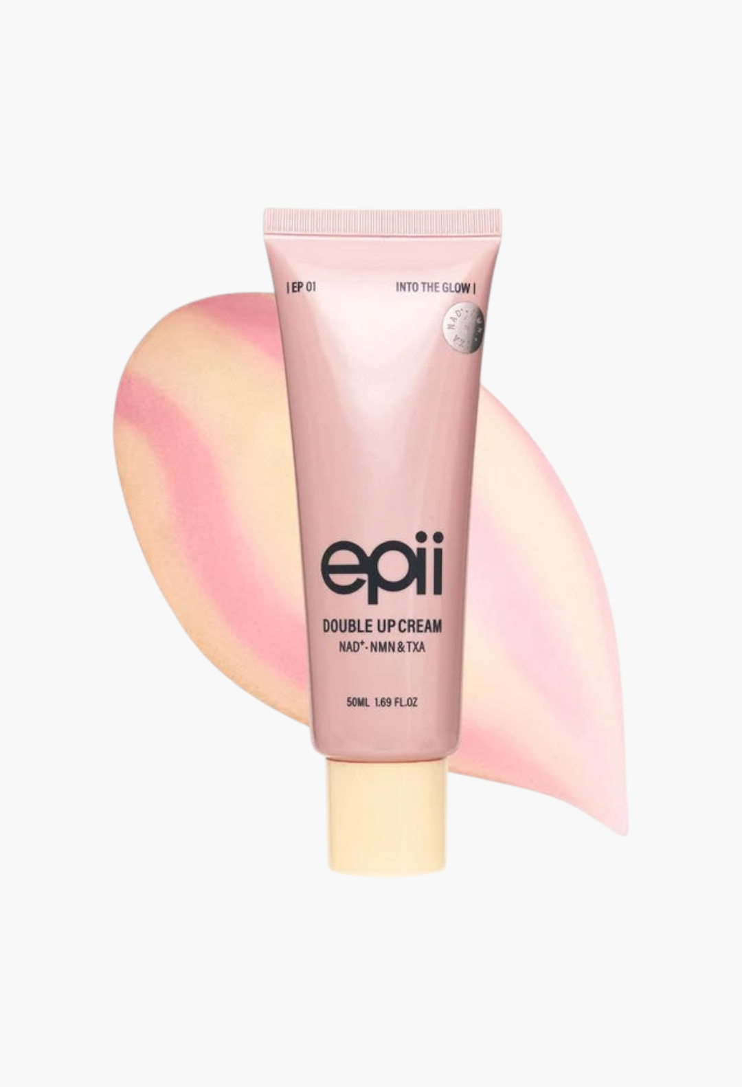 GLAM MODA Epii Double Up Cream with NAD+, NMN, and TXA in a pale pink 50ml tube for brightening and firming skin.