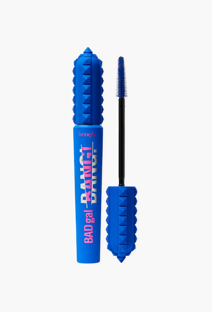 GLAM MODA Benefit BADgal BANG! volumizing mascara in a bright blue tube with a studded cap and matching mascara wand.