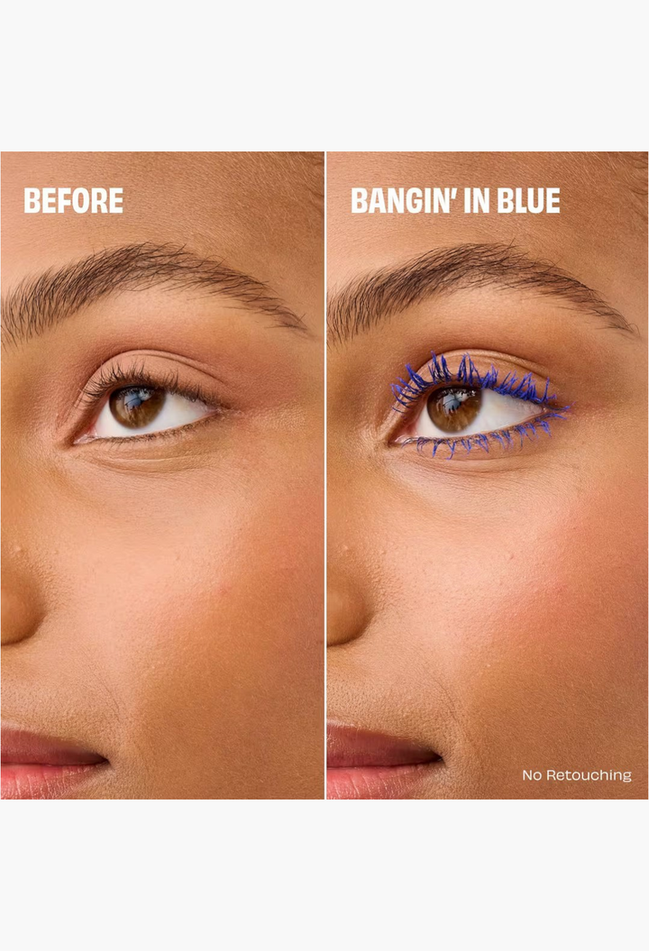 GLAM MODA before and after comparison of blue volumizing mascara on lashes for dramatic length and fullness