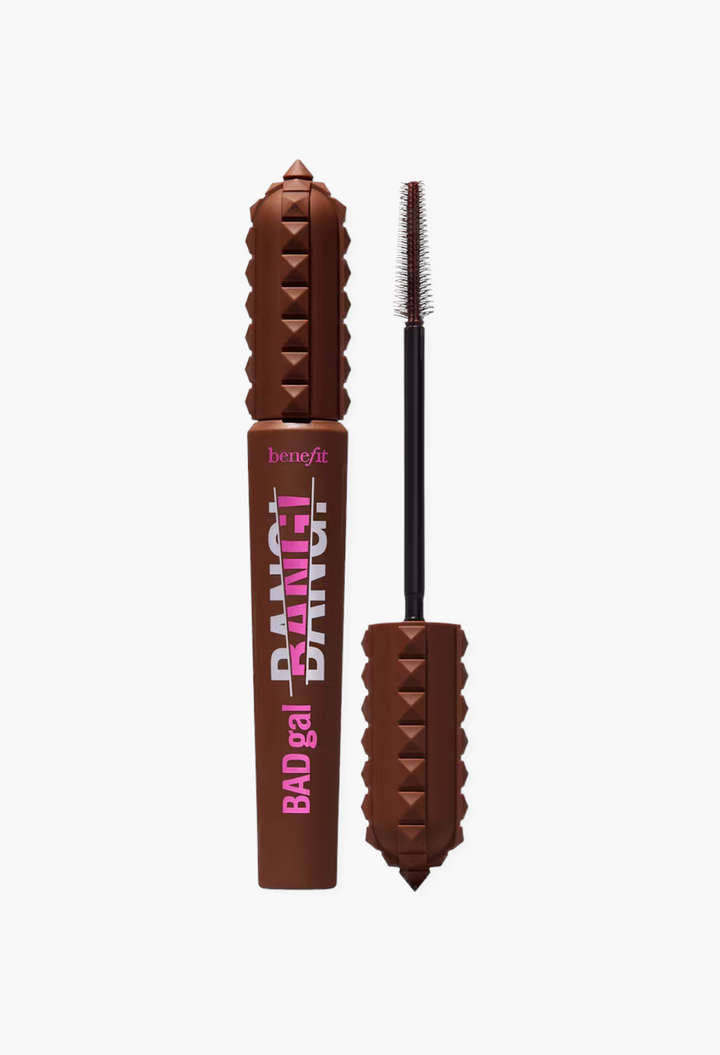 GLAM MODA Benefit BADgal BANG! volumizing mascara in brown with a spiked cap and slim applicator brush.