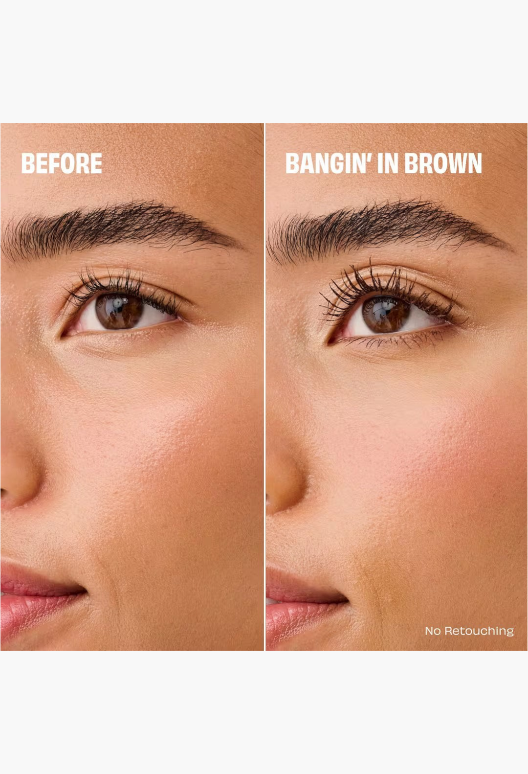 GLAM MODA before and after comparison showing lashes with and without BADgal BANG! volumizing mascara in brown
