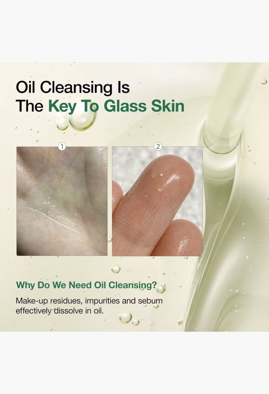 GLAM MODA Heartleaf Pore Control Cleansing Oil texture demonstration showing oil dissolving impurities on skin
