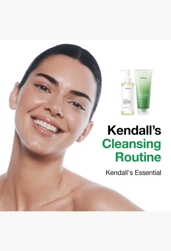 GLAM MODA Anua Heartleaf cleansing oil and pore control cleanser set with a smiling model for glowing skin