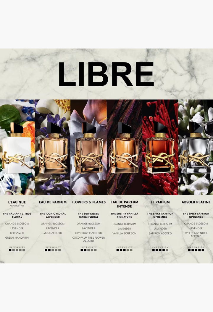 GLAM MODA collection of Yves Saint Laurent Libre perfume bottles featuring various glass finishes and floral backgrounds