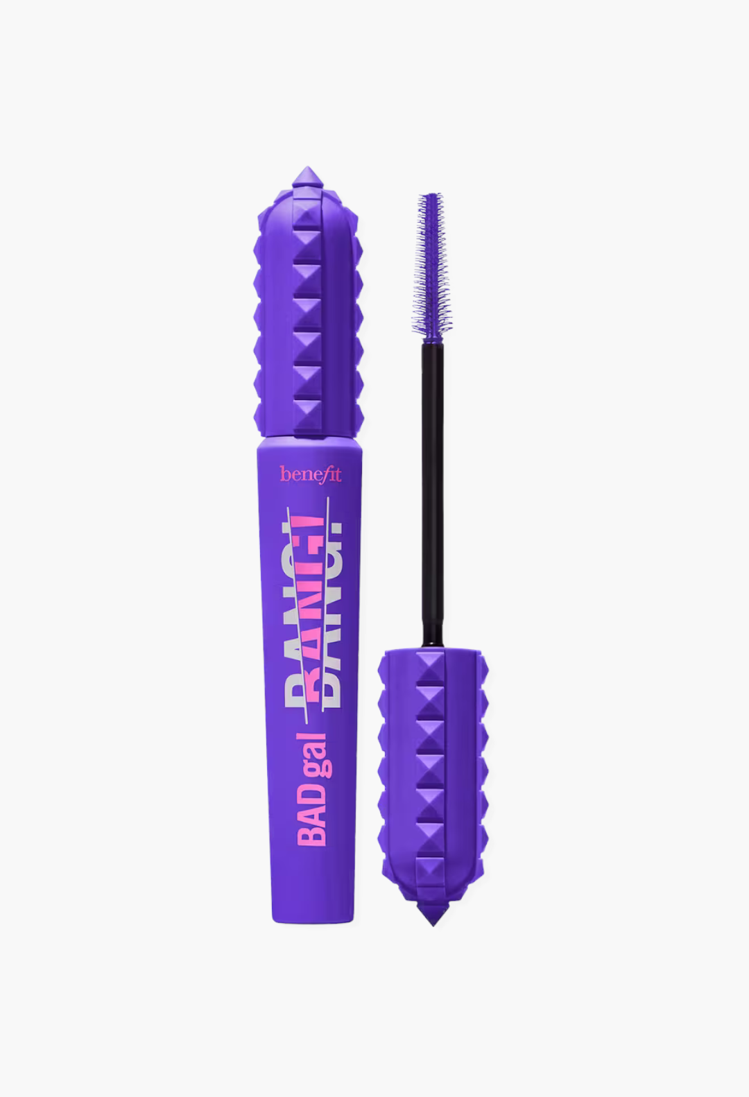 GLAM MODA Benefit BADgal BANG! volumizing mascara in a vibrant purple tube with a spiked cap and slim applicator brush.