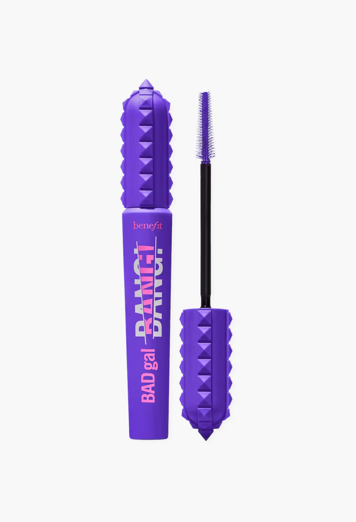 GLAM MODA Benefit BADgal BANG! volumizing mascara in a vibrant purple tube with a spiked cap and slim applicator brush.