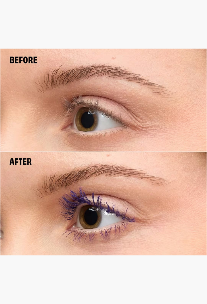 GLAM MODA before and after comparison showing dramatic lash volume and length from BADgal BANG! volumizing mascara.