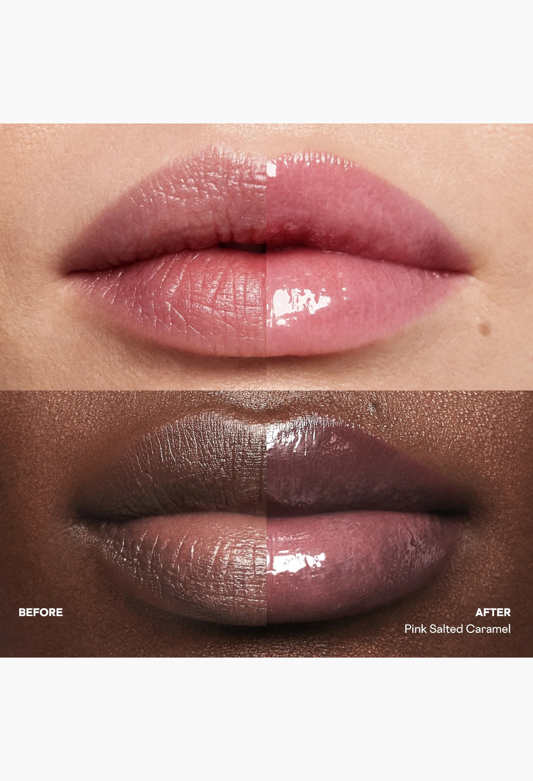 GLAM MODA Mini Major Moisture Smoothing Lip Balm showing a before and after comparison of sheer high-shine pink lips.
