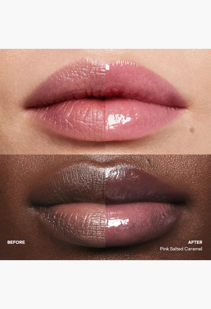 GLAM MODA Mini Major Moisture Smoothing Lip Balm showing a before and after comparison of sheer high-shine pink lips.