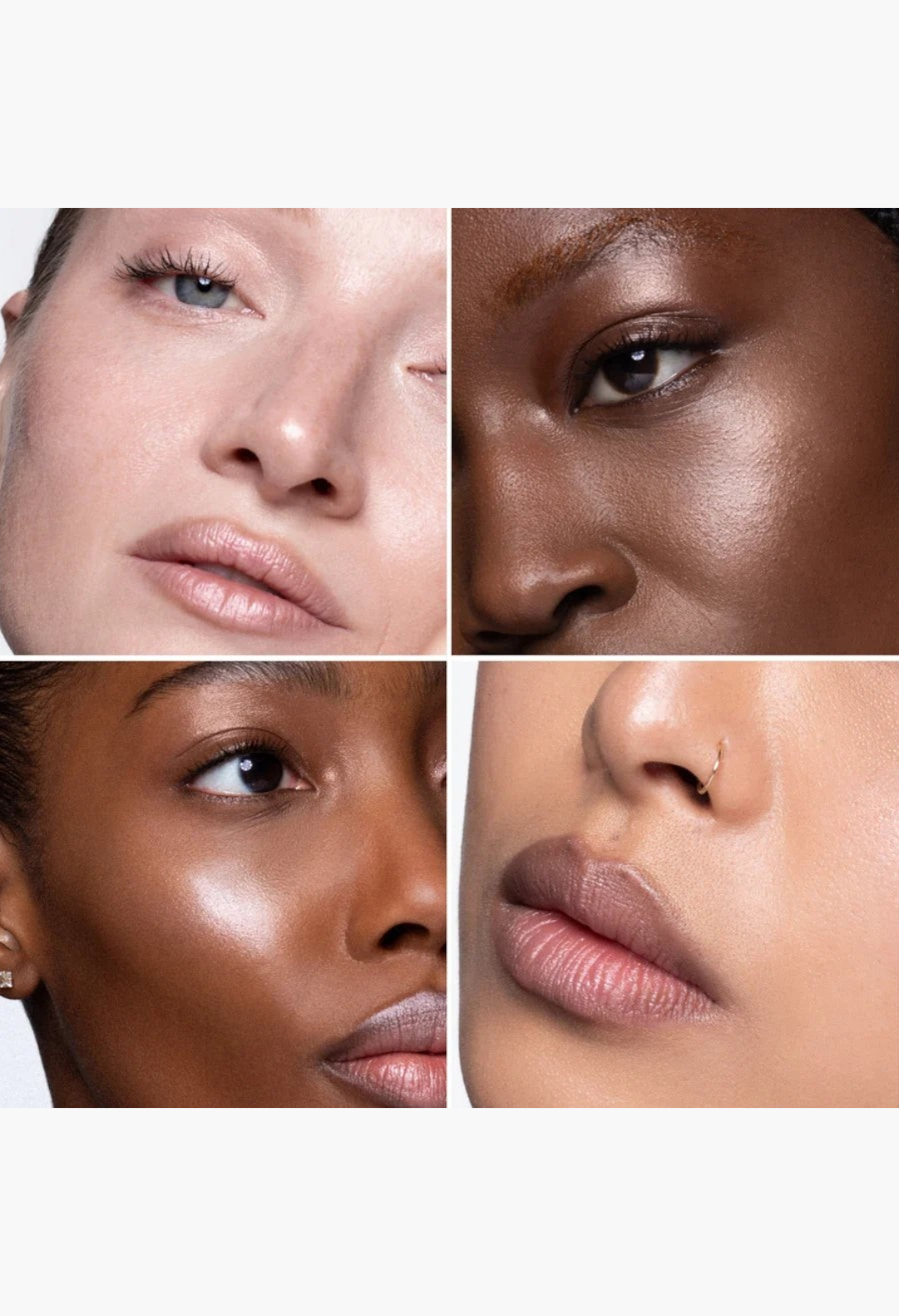 GLAM MODA Hyper Shine Lite Pigment applied to diverse skin tones for a radiant, luminous, and dewy glass skin finish.