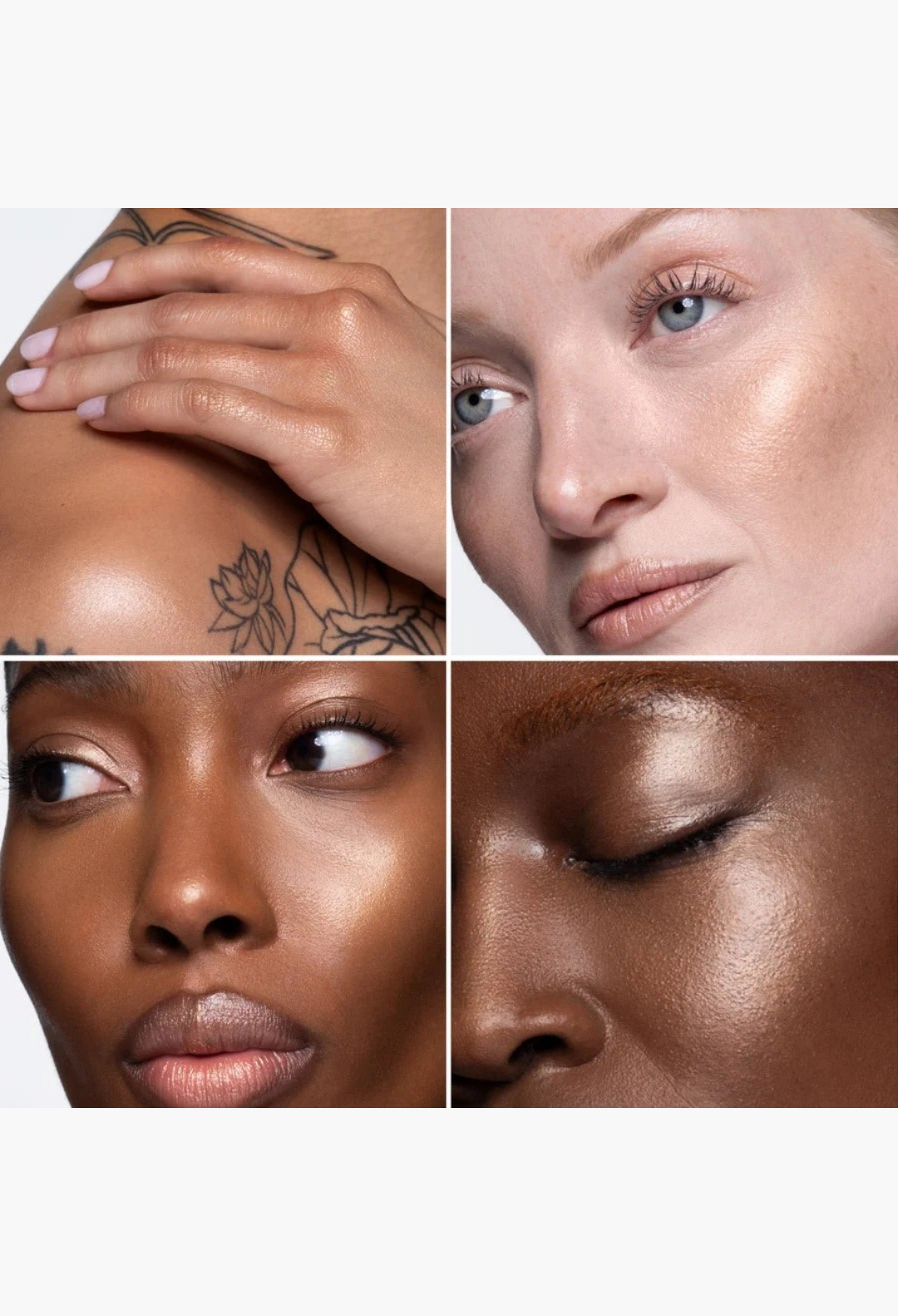 GLAM MODA Hyper Shine Lite Pigment applied to diverse skin tones for a radiant, lit-from-within glow on face and body.