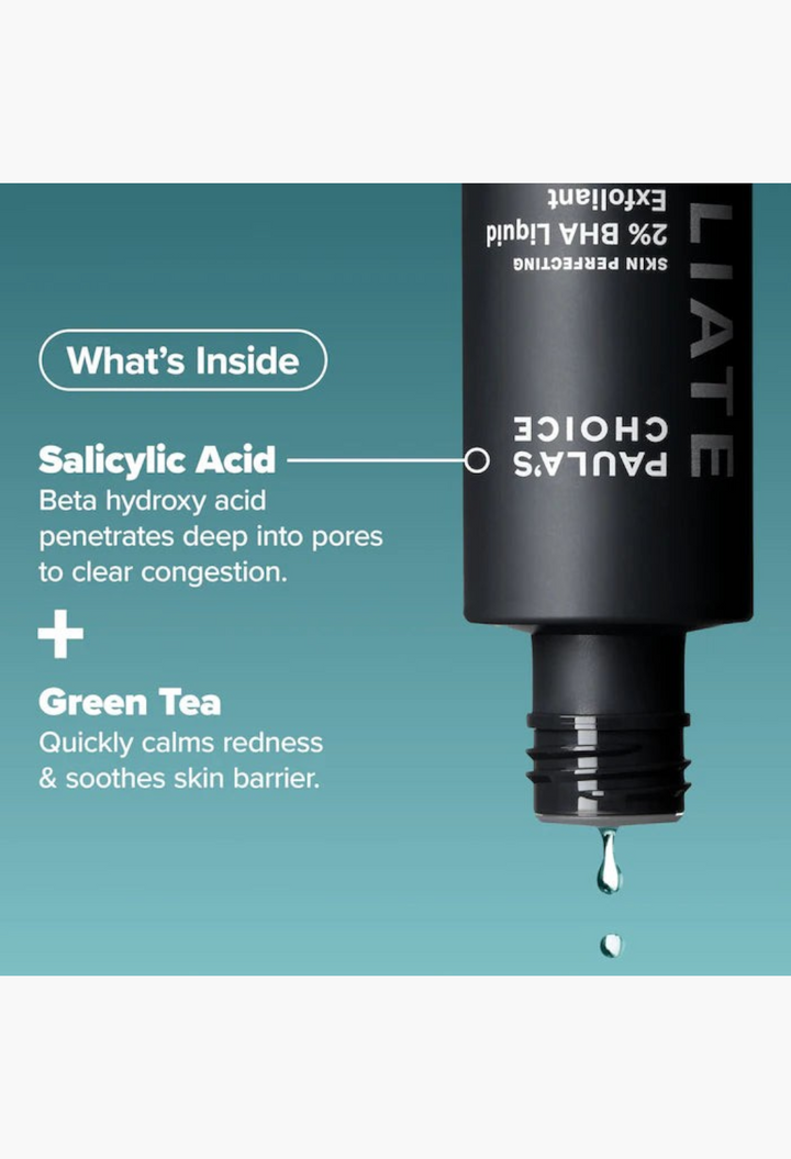 GLAM MODA Paula's Choice 2% BHA liquid exfoliant toner bottle dripping clear formula against a white background
