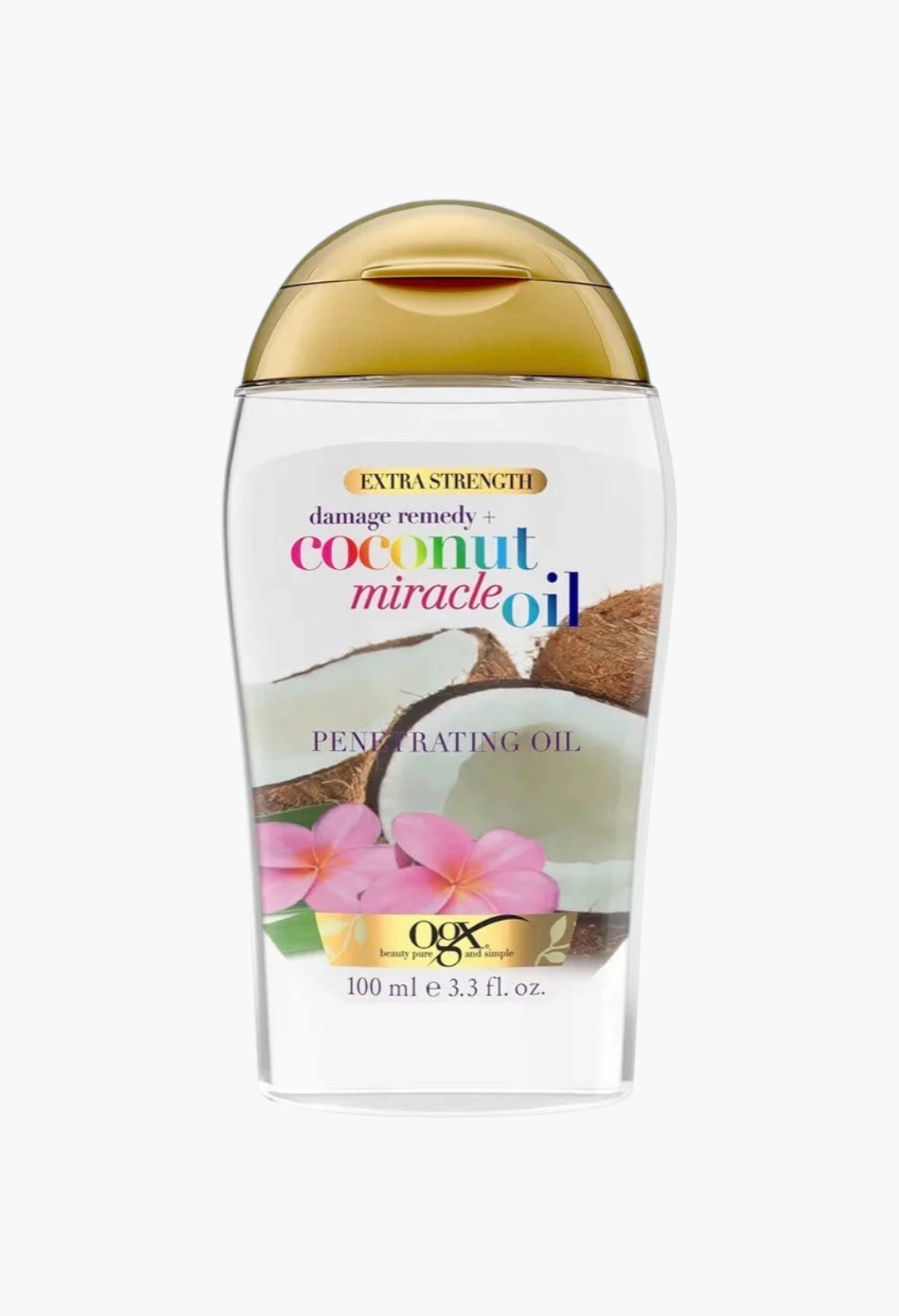 GLAM MODA OGX Coconut Miracle Oil extra strength hair treatment in a 100ml clear bottle with a gold cap.