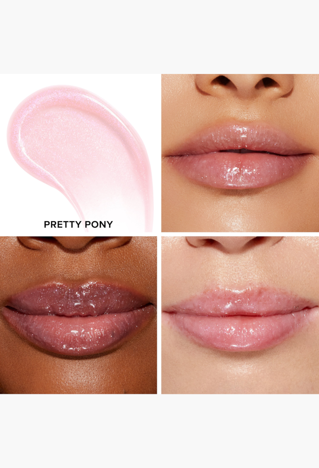 GLAM MODA Lip Injection Power Plumping Lip Gloss in Pretty Pony, a cool sparkly pink shade with high-shine finish.