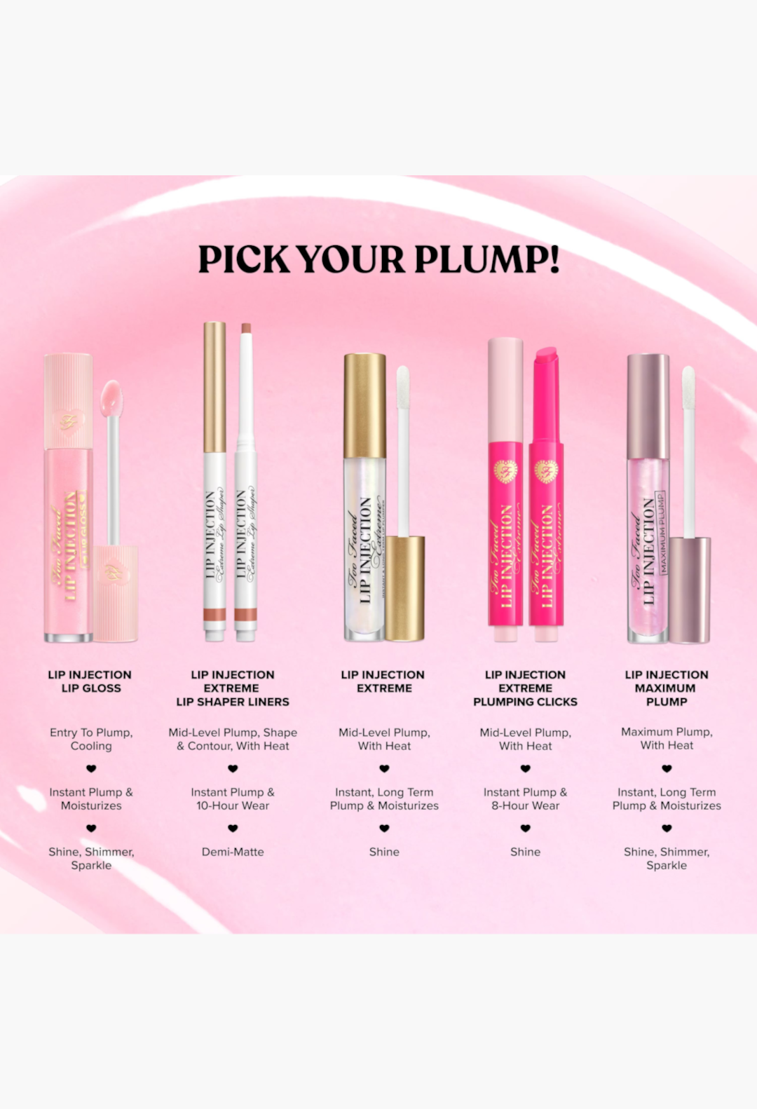 GLAM MODA Lip Injection collection featuring various plumping lip glosses and liners in diverse shades and finishes