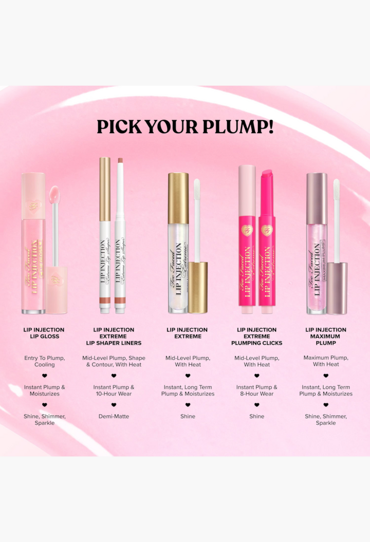 GLAM MODA Lip Injection collection featuring various plumping lip glosses and liners in diverse shades and finishes