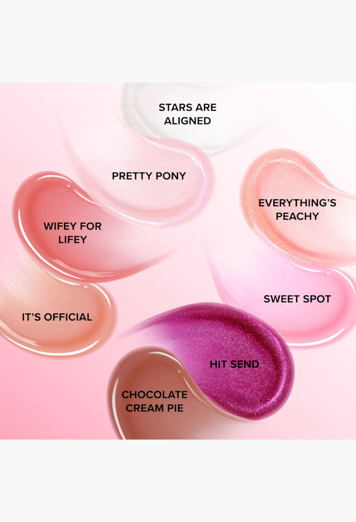 GLAM MODA Lip Injection Power Plumping Lip Gloss swatches in various shades including pink, nude, and chocolate brown.