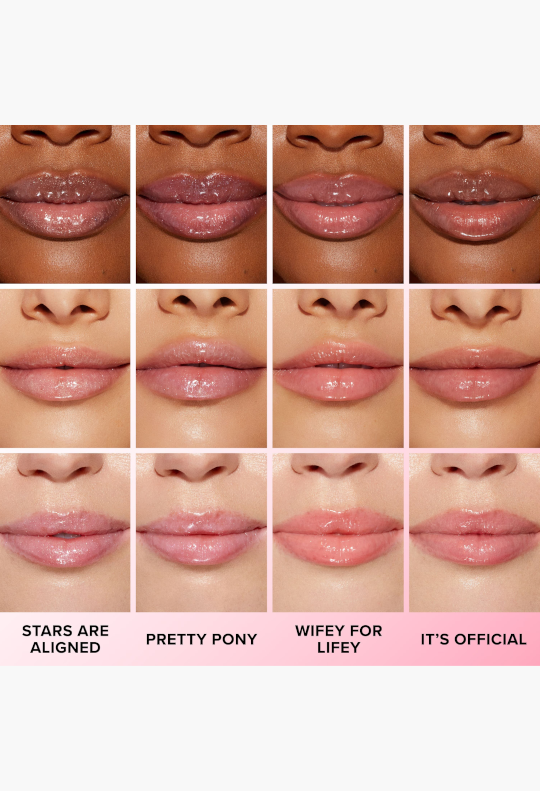 GLAM MODA Lip Injection Power Plumping Lip Gloss swatches showing four different glossy shades on lips