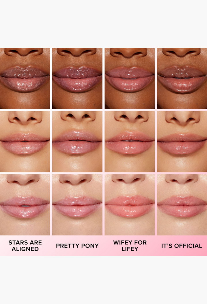 GLAM MODA Lip Injection Power Plumping Lip Gloss swatches showing four different glossy shades on lips