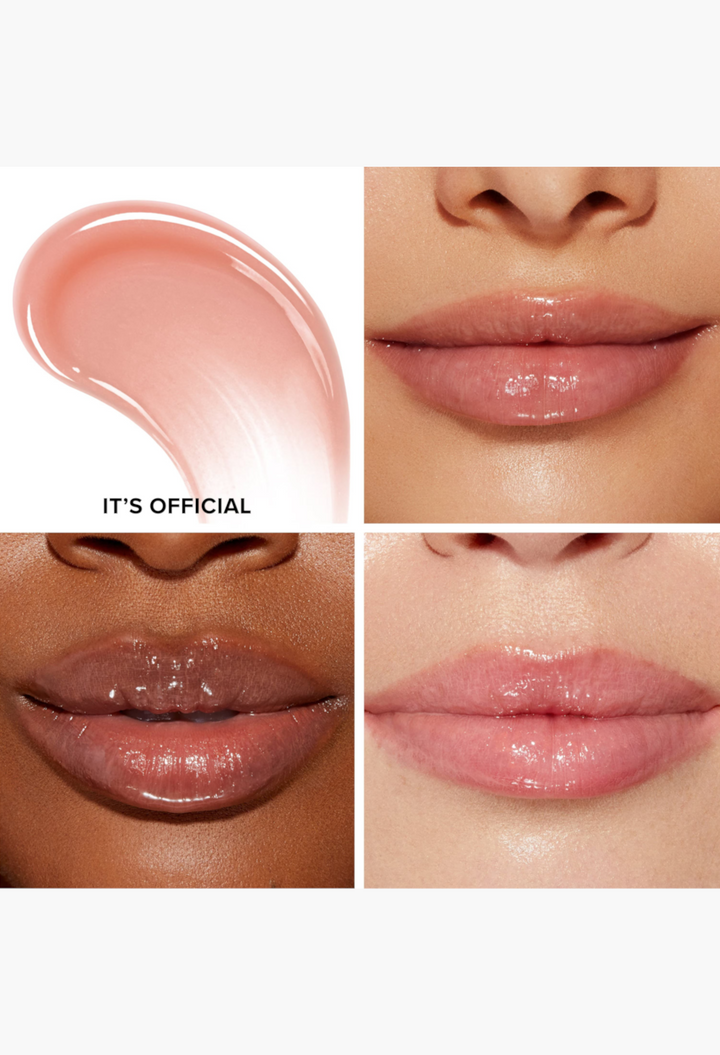 GLAM MODA Lip Injection Power Plumping Lip Gloss in It’s Official light peachy nude shade with high-shine finish.