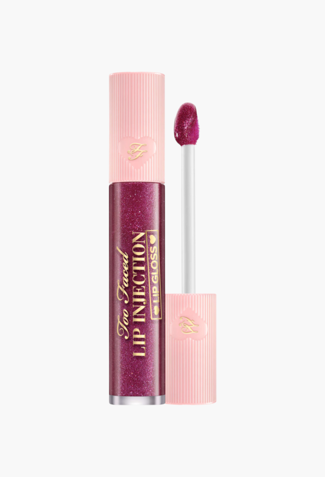 GLAM MODA Too Faced Lip Injection Power Plumping Lip Gloss in Hit Send, a sparkly deep fuchsia shade with applicator.