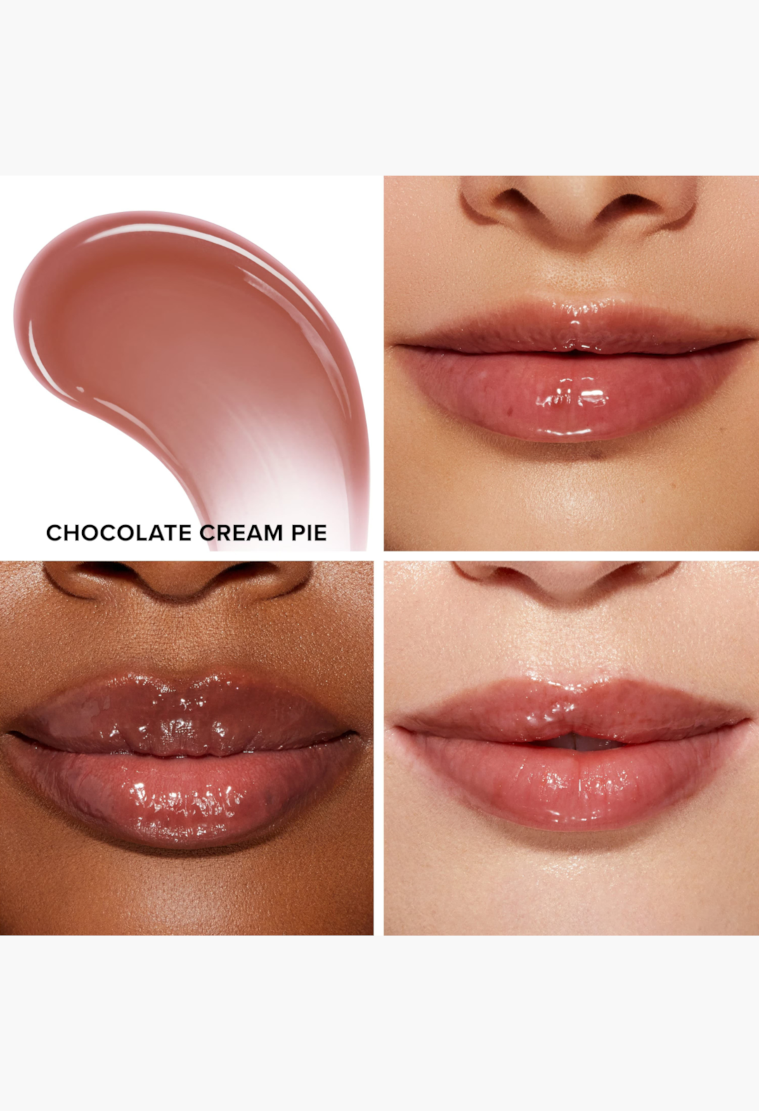 GLAM MODA Lip Injection Power Plumping Lip Gloss in Chocolate Cream Pie shade showing texture and application on lips.
