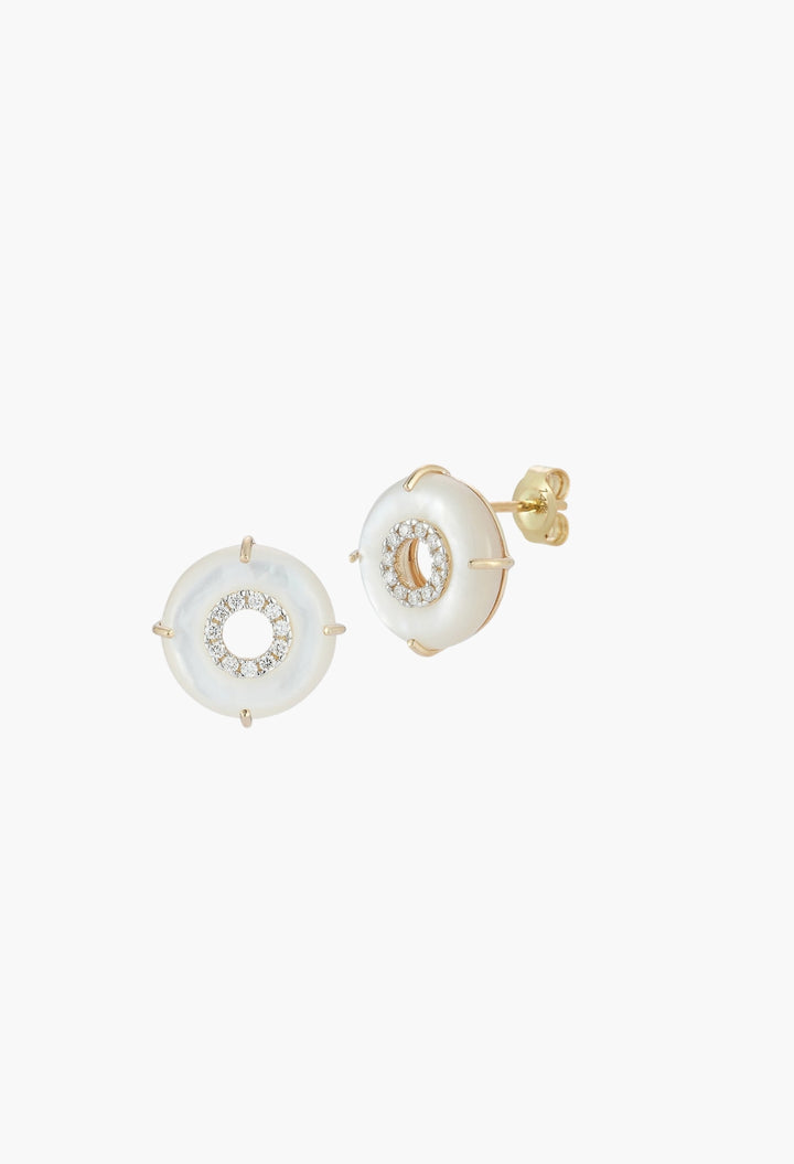 14kt Mother of Pearl Donut Diamond Inner Circle Studs