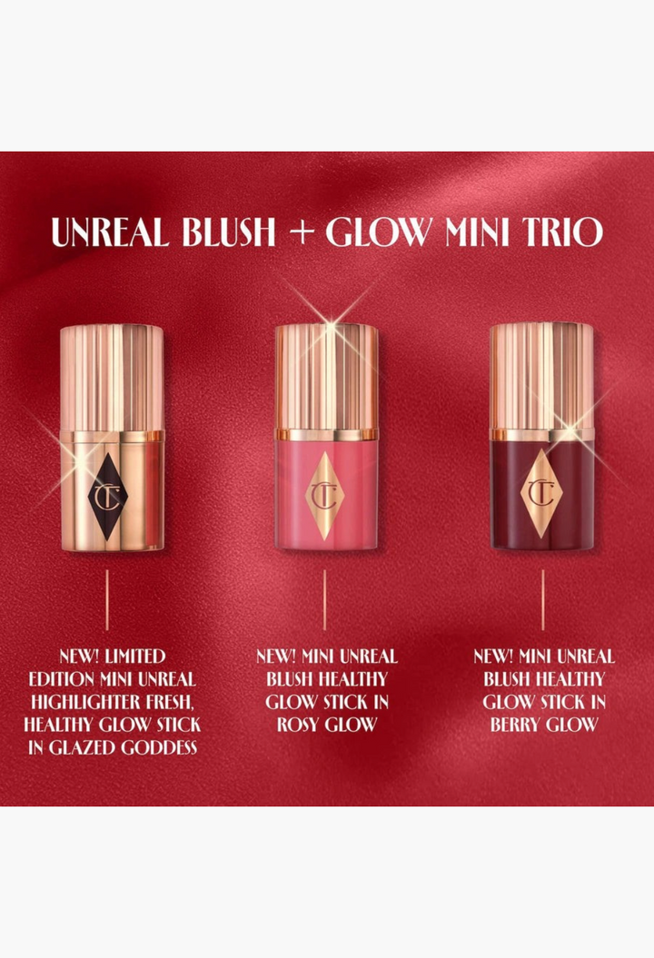 GLAM MODA Charlotte Tilbury Mini Unreal Blush + Glow Trio featuring three mini healthy glow sticks in various shades.