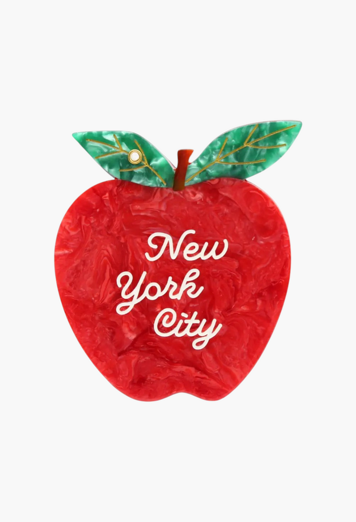 GLAM MODA apple-shaped compact mirror in red swirled cellulose acetate with green leaves and hand-painted script.