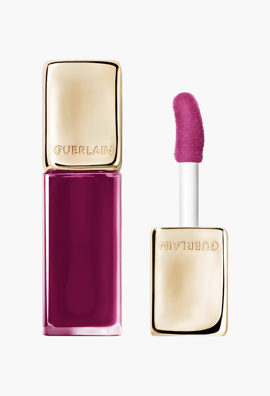 GLAM MODA Guerlain KissKiss Bee Glow Oil in Lavender Glow, a plum tinted lip oil with a gold cap and applicator.