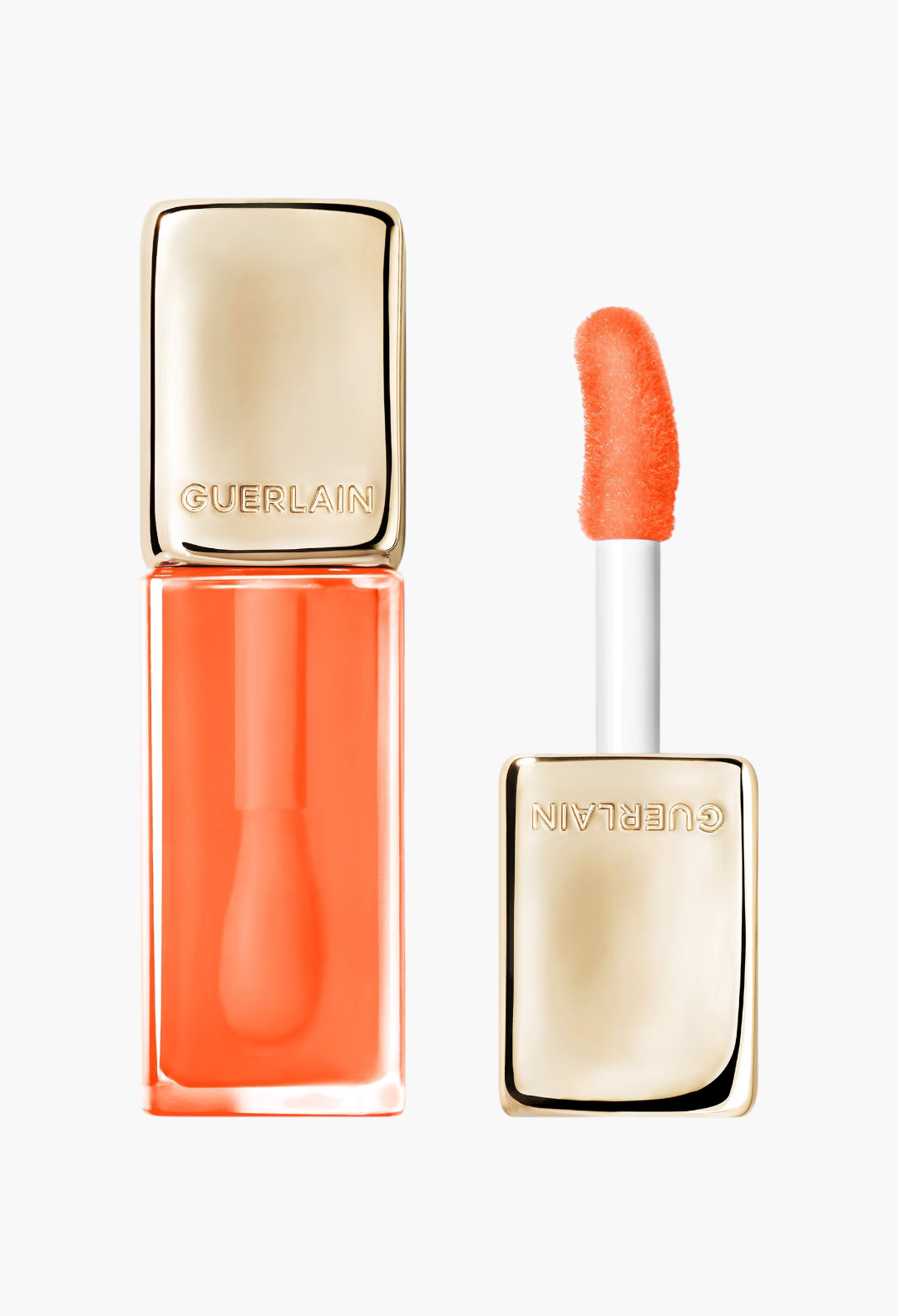 GLAM MODA Guerlain KissKiss Bee Glow Oil in a vibrant orange syrup shade with a gold cap and soft applicator wand.