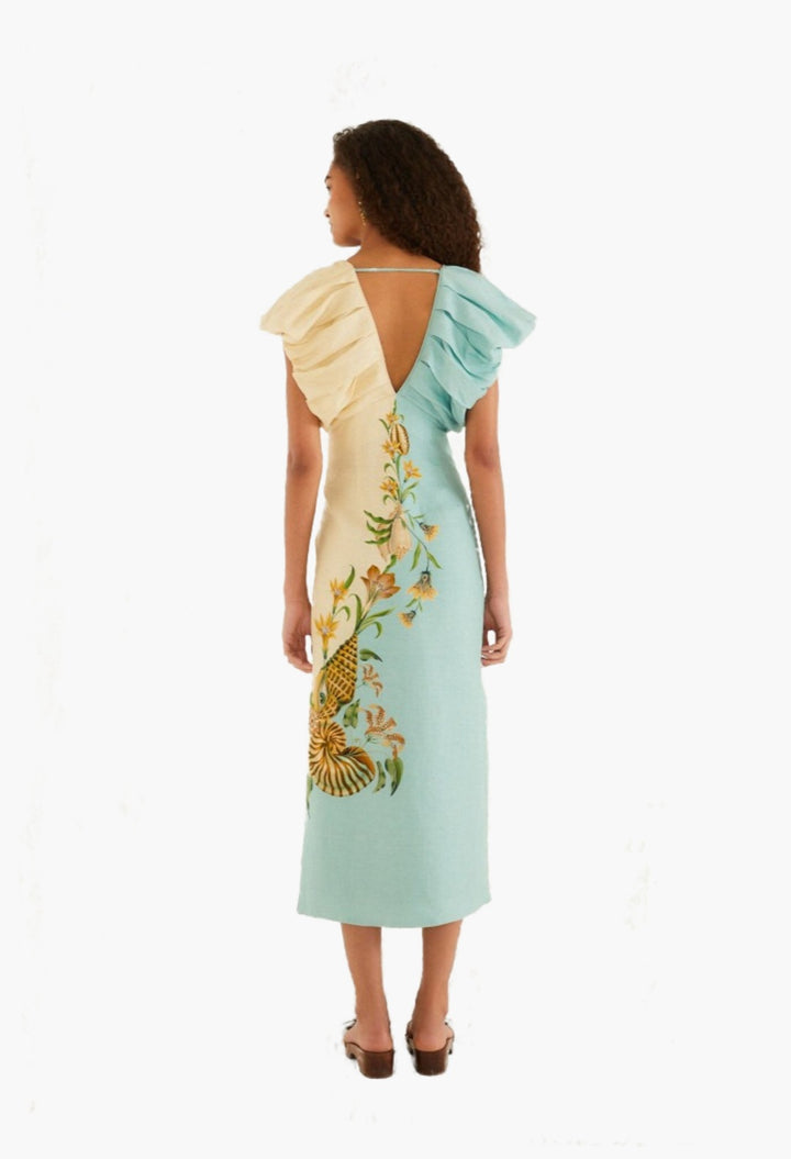 bicolor marine garden puff sleeve midi dress