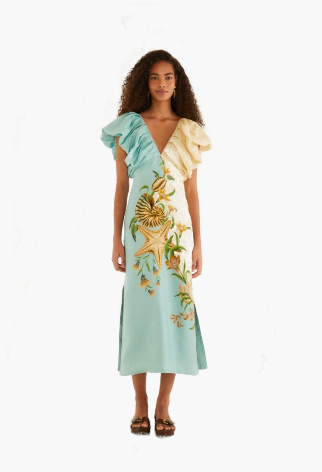 bicolor marine garden puff sleeve midi dress