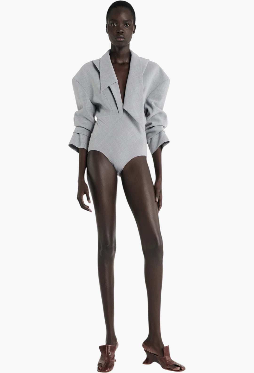 Tailored Bodysuit With Shirt Collar Insert Grey Melange - GLAM MODA