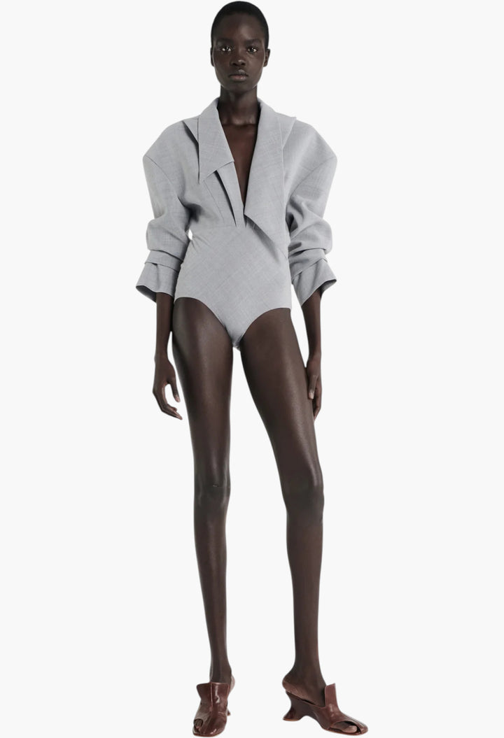 Tailored Bodysuit With Shirt Collar Insert Grey Melange - GLAM MODA