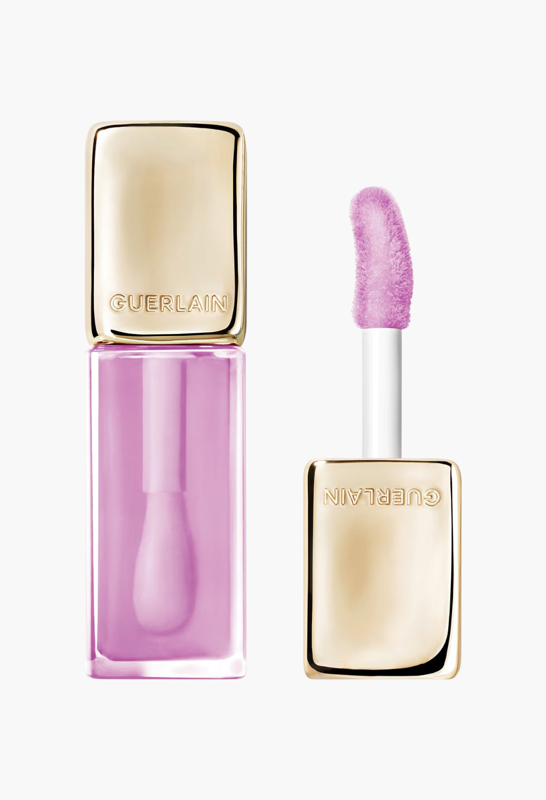GLAM MODA Guerlain KissKiss Bee Glow Oil in Lavender Glow shade with gold cap and soft applicator wand
