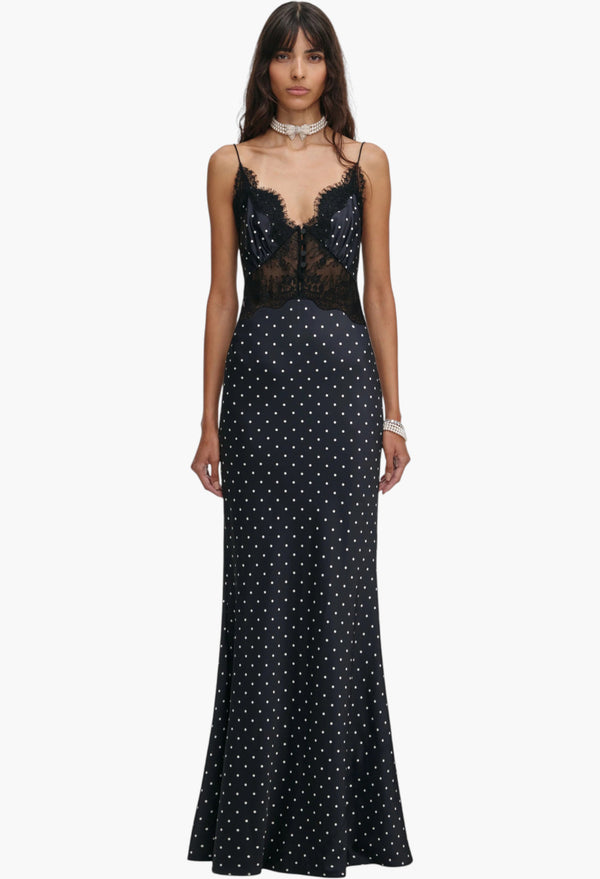 Polka Dot Satin Lace Maxi Dress