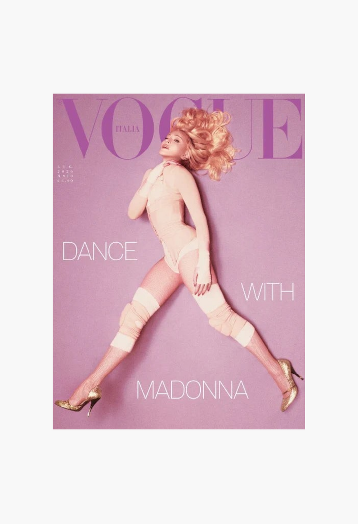 GLAM MODA Vogue Italia July 2026 cover featuring Madonna in a pink bodysuit and gold heels on a pink background.