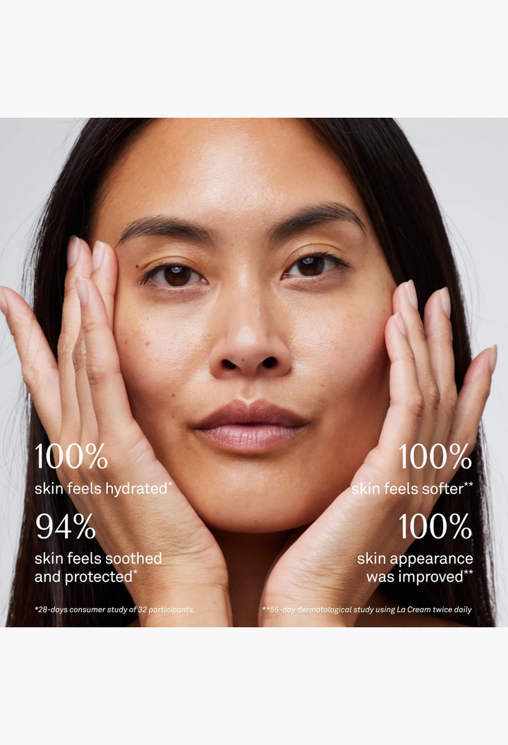 GLAM MODA skincare model applying La Cream and Le Balm for hydrated, soothed, and improved skin appearance.
