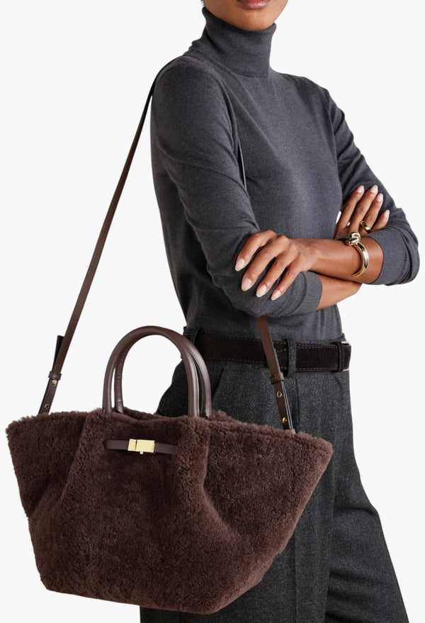 Brown - New York Midi Leather-Trimmed Shearling Tote