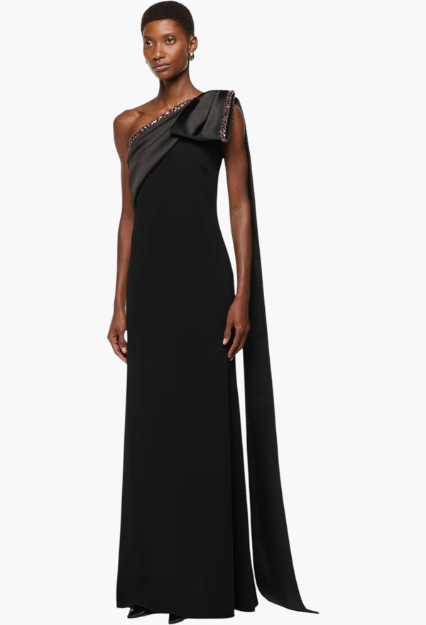 Contrast Crystal Trimmed Bow Satin Crepe Gown