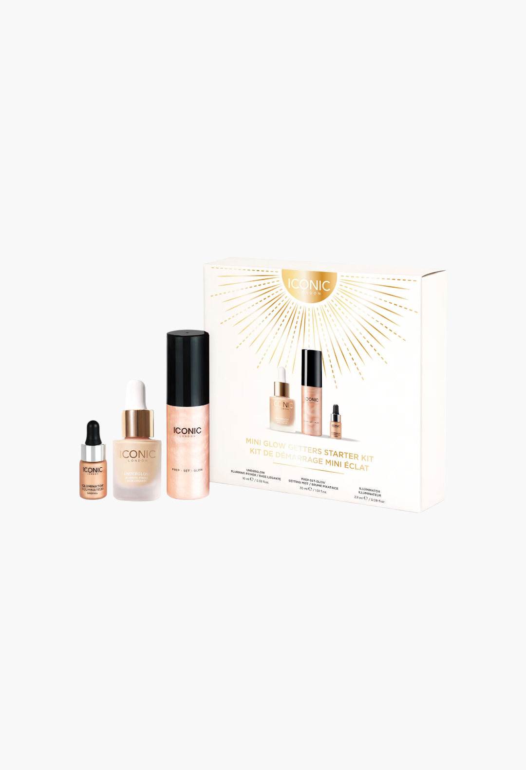 GLAM MODA ICONIC London Mini Glow Getters makeup set featuring a blurring primer, liquid illuminator, and setting spray